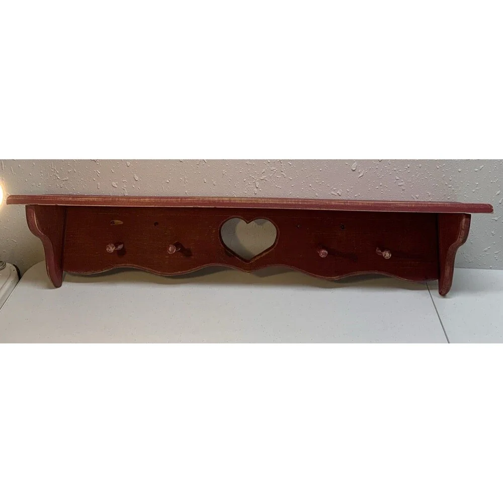 VTG Country Wooden Heart Wall Shelf Pegs Cottage Farmhouse Distressed 36x8x7.5